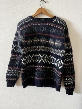 J. Crew Navy Fair Isle Wool Sweater with White and Red Accents